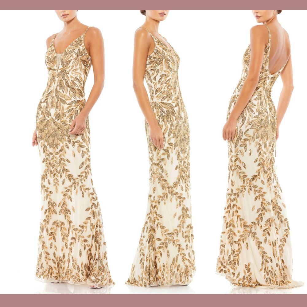 NWT $498 Mac Duggal [ 16 ]‎ 5107 Embellished Leaf Evening Gown Nude Gold Beaded